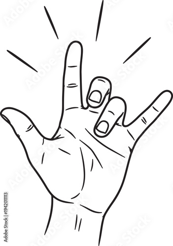 Black and white line of a hand making the i love you sign in sign language also transparent background