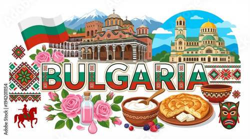 Bulgaria Culture and Tourism Vector Illustration with Rila Monastery Alexander Nevsky Cathedral and Rose Valley Icons