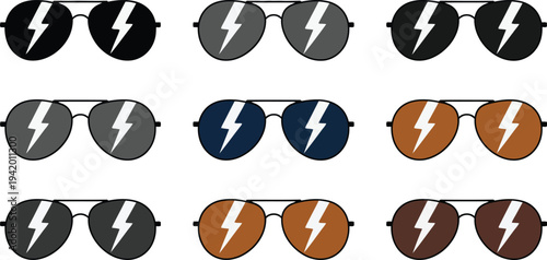 Set of Aviator Sunglasses with Lightning Bolt Reflection Icons in Various Colors for Modern Eyewear and Fashion Accessory Design
