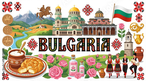 Bulgaria Culture and Tourism Vector Illustration with Rila Monastery Alexander Nevsky Cathedral and Rose Valley Icons
