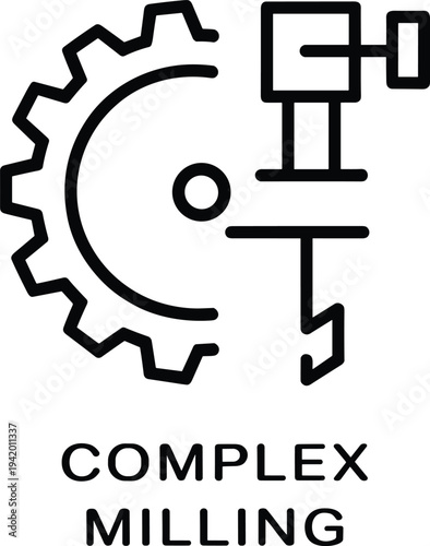 Complex milling icon, CNC machining vector, precision engineering symbol, manufacturing process illustration, gear tool design, industrial production graphic, mechanical workshop art