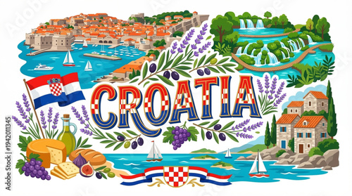 Croatia Culture and Tourism Vector Illustration with Dubrovnik Walls Plitvice Lakes and National Symbols