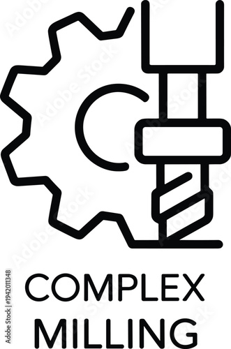 Complex milling vector, CNC machining icon, precision engineering symbol, manufacturing process illustration, gear cutter design, industrial production graphic, mechanical workshop art