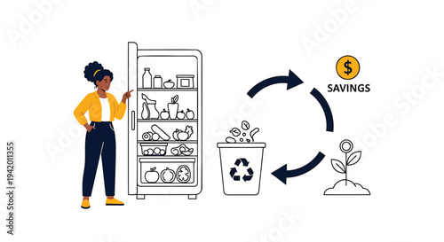 Vector illustration of woman reducing food waste to save money