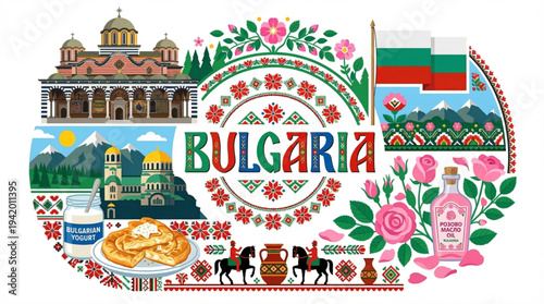 Bulgaria Culture and Tourism Vector Illustration with Rila Monastery Alexander Nevsky Cathedral and Rose Valley Icons