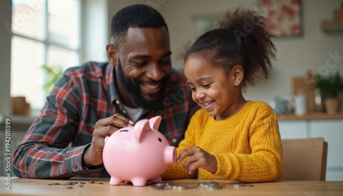 Father teaches daughter about saving money. Happy family puts coins into pink piggy bank. Child learns finance, building wealth, financial future.