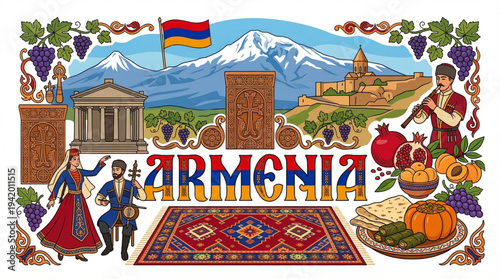 Armenia Culture and Tourism Vector Illustration with Mount Ararat Monasteries and National Symbols