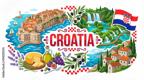 Croatia Culture and Tourism Vector Illustration with Dubrovnik Walls Plitvice Lakes and National Symbols