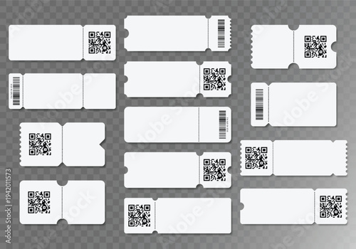 Set of white blank tickets mockup. Empty flat template Tickets. For cinema, sale coupon, circus, theater, festival. Minimalist coupons set. Isolated background	