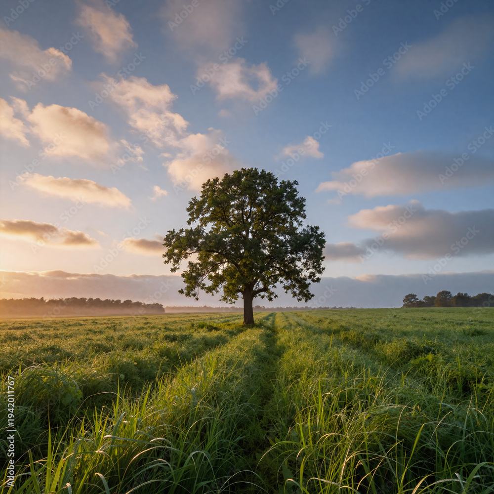 Fototapeta premium soft shading landscape outdoor. tranquil rural landscape with a tree on green meadows and colorful sunrise clouds in the sky