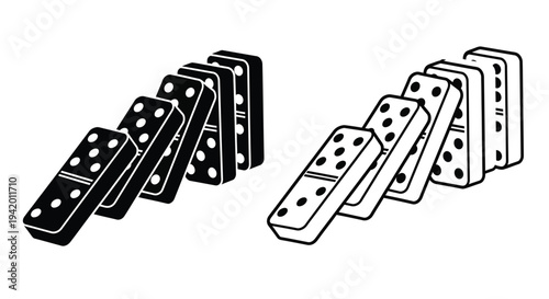 Falling dominoes in a chain reaction black and white silhouette