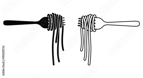 Two forks with spaghetti a simple black and white illustration silhouette