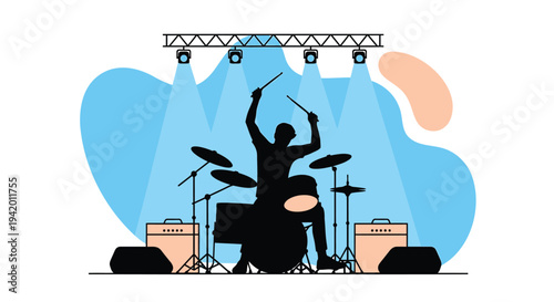 Vector illustration of drummer on stage with drum set