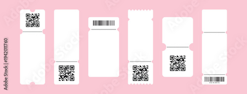 Set of white blank tickets mockup. Empty flat template Tickets. For cinema, sale coupon, circus, theater, festival. Minimalist coupons set. Isolated background	