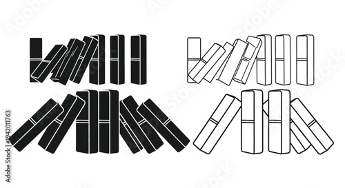 Falling dominoes arranged in two contrasting black and white designs silhouette