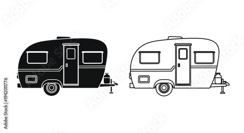 Vintage camper trailer illustration with a contrasting black silhouette