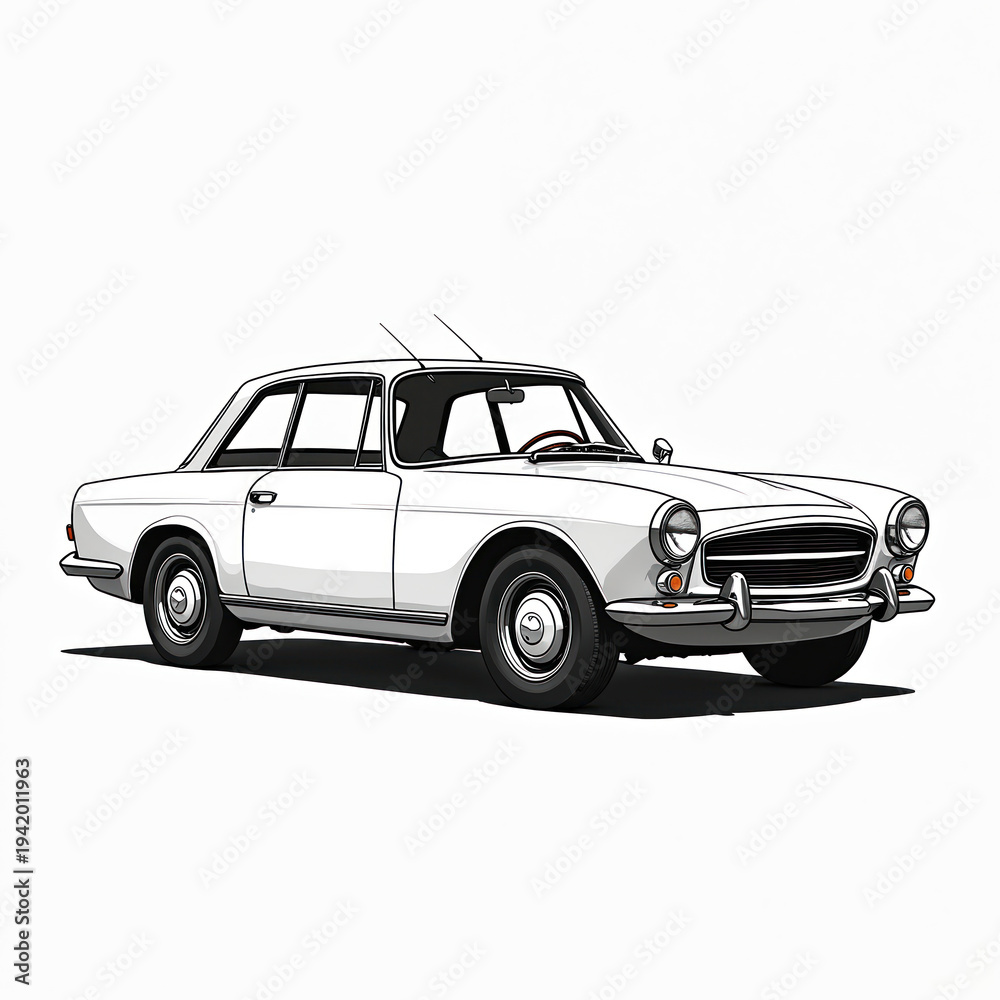 Naklejka premium White vintage coupe car illustrated with simple line art. Minimalist retro automobile graphic. Classic vehicle design, perfect for automotive articles.
