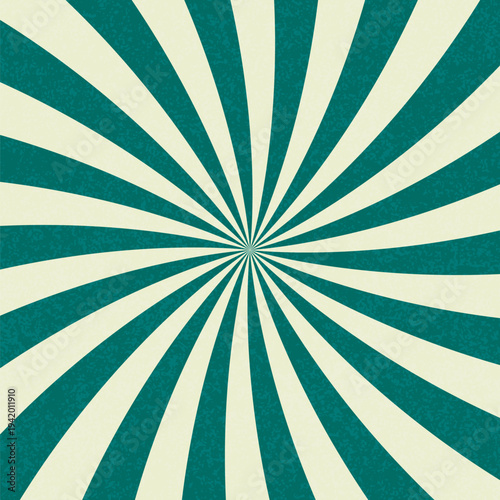 Teal cream radial swirl backdrop retro circus, grainy texture and faded paper finish, hypnotic spiral converging at center with bold pinwheel spokes, distressed halftone