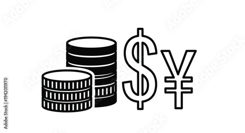 Currency symbols and stacked coins depicted in a bold silhouette