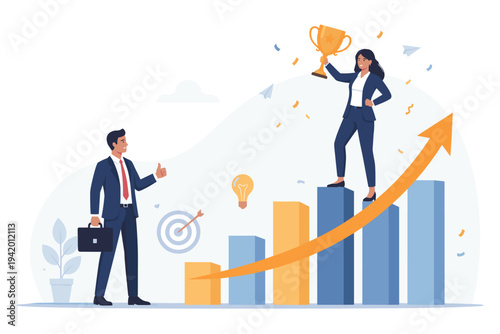 Successful businesswoman holding a gold trophy on top of a rising bar chart while a businessman gives a thumbs up. Concept of career achievement, leadership, goal attainment, and business growth.