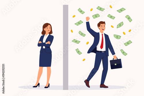 Gender Pay Gap Concept with Businesswoman Separated by Wall from Successful Businessman Celebrating Under Money Rain, Illustrating Inequality, Discrimination, and Unfair Salary Distribution in Office