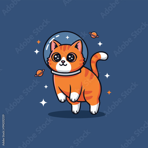 An orange cat in a space helmet floats among stars and planets in a cartoon illustration from a front view