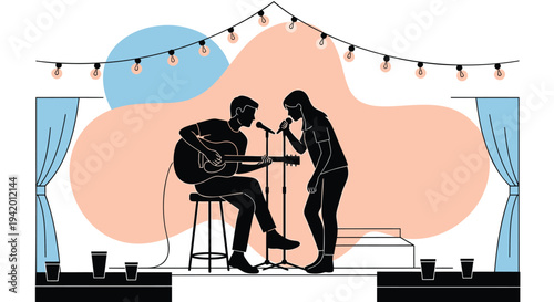 Vector illustration of two musicians performing on stage