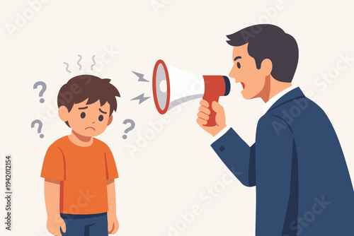 Vector illustration of an angry man in a suit shouting through a megaphone at a sad, confused young boy. The child feels overwhelmed by the loud announcement and pressure from the adult figure.