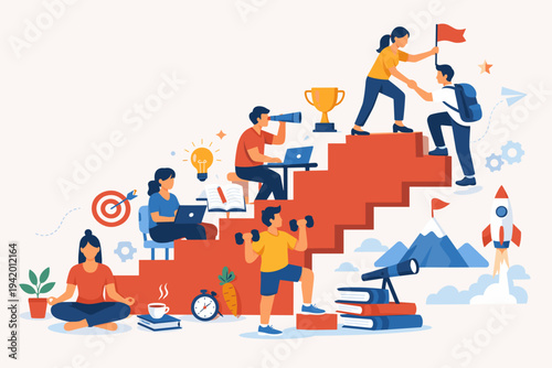 Diverse people climbing a staircase of success, engaging in self-improvement activities like meditation, studying, working, and exercising to reach their goals in a flat vector illustration.