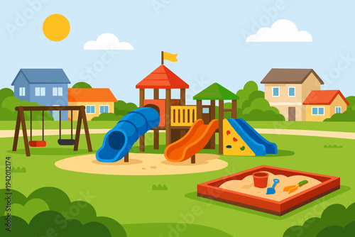 Colorful Vector Illustration of a Children's Playground in a Suburban Neighborhood Featuring Slides, Swings, a Sandbox with Toys, and Play Structures Under a Sunny Sky with Houses and Greenery.