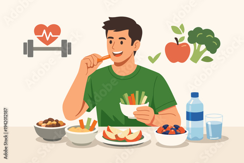 Healthy Lifestyle Vector Illustration of a Young Man Eating Nutritious Snacks like Carrot Sticks, Surrounded by Fruits, Vegetables, and Water, Promoting Balanced Diet, Fitness, and Wellness.