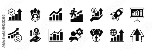Business growth icons set with charts graphs and career progress