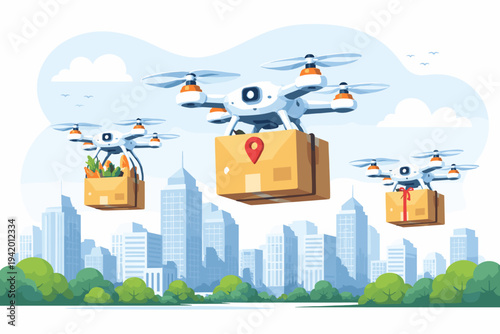 Modern autonomous delivery drones flying over a city skyline carrying cardboard boxes with groceries, gifts, and packages, flat vector illustration of future logistics and shipping services.
