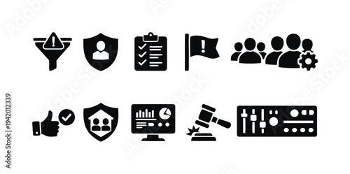 Business management and compliance icons for risk, workflow, and performance monitoring