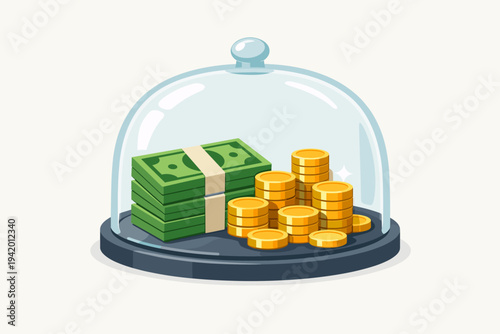 Vector illustration of a stack of green dollar banknotes and gold coins protected under a glass dome cloche on a dark base, symbolizing financial security, wealth preservation, and savings.