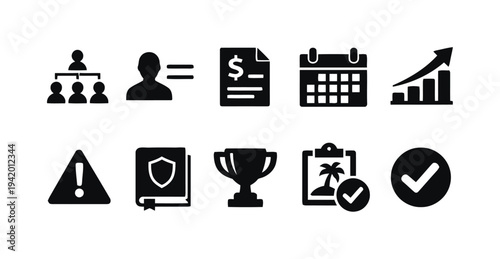 Business management and success icons showing organization, strategy, and progress