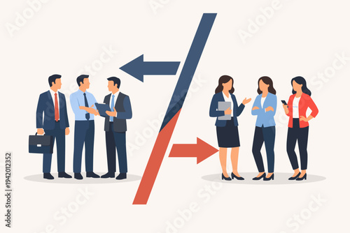 Corporate Business Illustration Depicting Gender Segregation with Men and Women Divided into Separate Groups by a Diagonal Line and Arrows Representing Inequality or Different Career Directions.