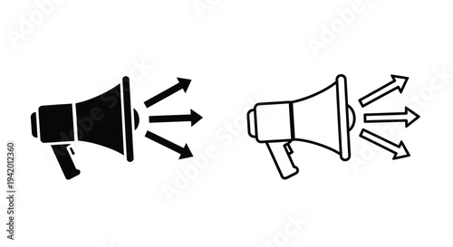 Two megaphone icons one filled and one outlined demonstrating communication silhouette