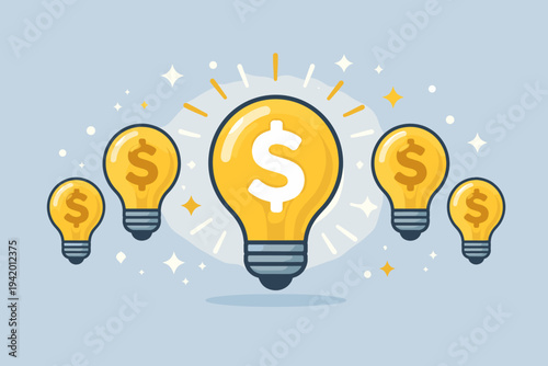 Creative Business Idea Concept with Glowing Light Bulbs and Dollar Signs, Flat Vector Illustration of Financial Innovation, Money Making Strategy, Investment and Profit Growth on Blue Background.