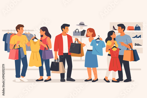 Flat Vector Illustration of Diverse People, Men and Women Shopping Together at a Fashion Boutique or Mall, Buying Clothes, Holding Shopping Bags, and Looking at Apparel on Racks and Shelves.