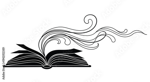 An open book with swirling lines a striking black silhouette