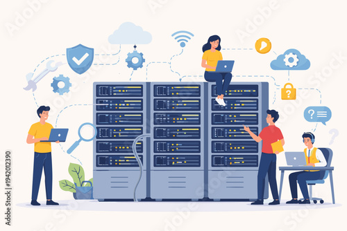 Technical support team and network administrators working in a data center with server racks. Flat vector illustration of cloud computing, database management, and cybersecurity infrastructure.