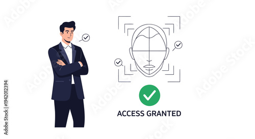 Vector illustration of man with access granted facial recognition