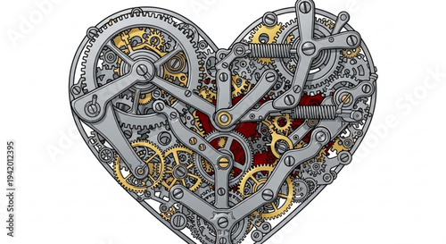 Intricate steampunk heart with mechanical gears and clockwork on transparent background