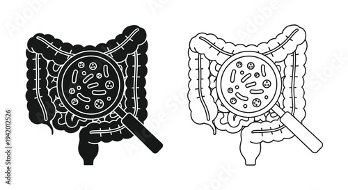 Intestine illustrations with magnifying glass detailed black outline silhouette