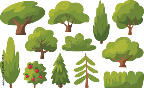 A lovely assortment of various green trees, hedges, and shrubs standing individually on a white backdrop