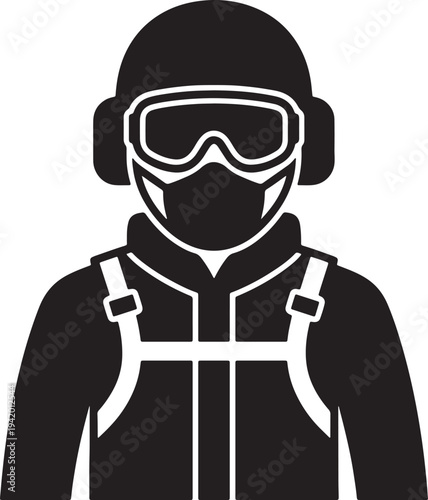 Black and white silhouette of person in winter gear with goggles and earmuffs also transparent background