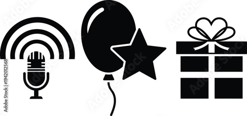 Black vector illustration of radio signal, balloon, star, and gift box in flat design