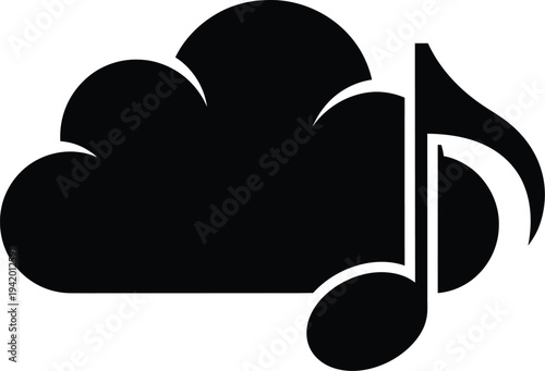 Black cloud with musical note vector illustration, flat design music symbol