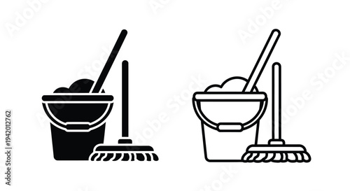 Two cleaning buckets with mops a contrasting black silhouette